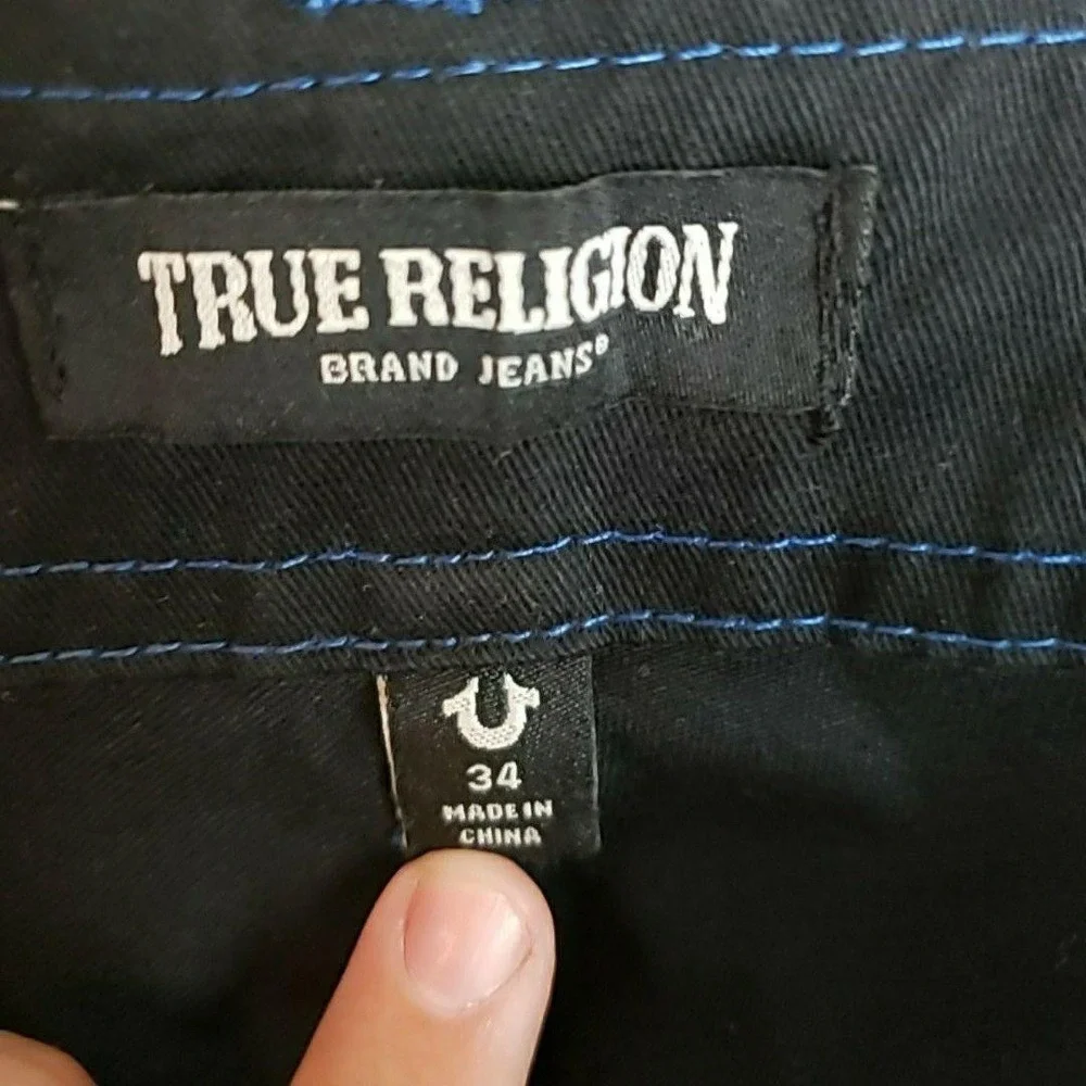 True Religion Cargo Pants Mens 36x32 Black Contrast Stitch Logo Pockets Casual